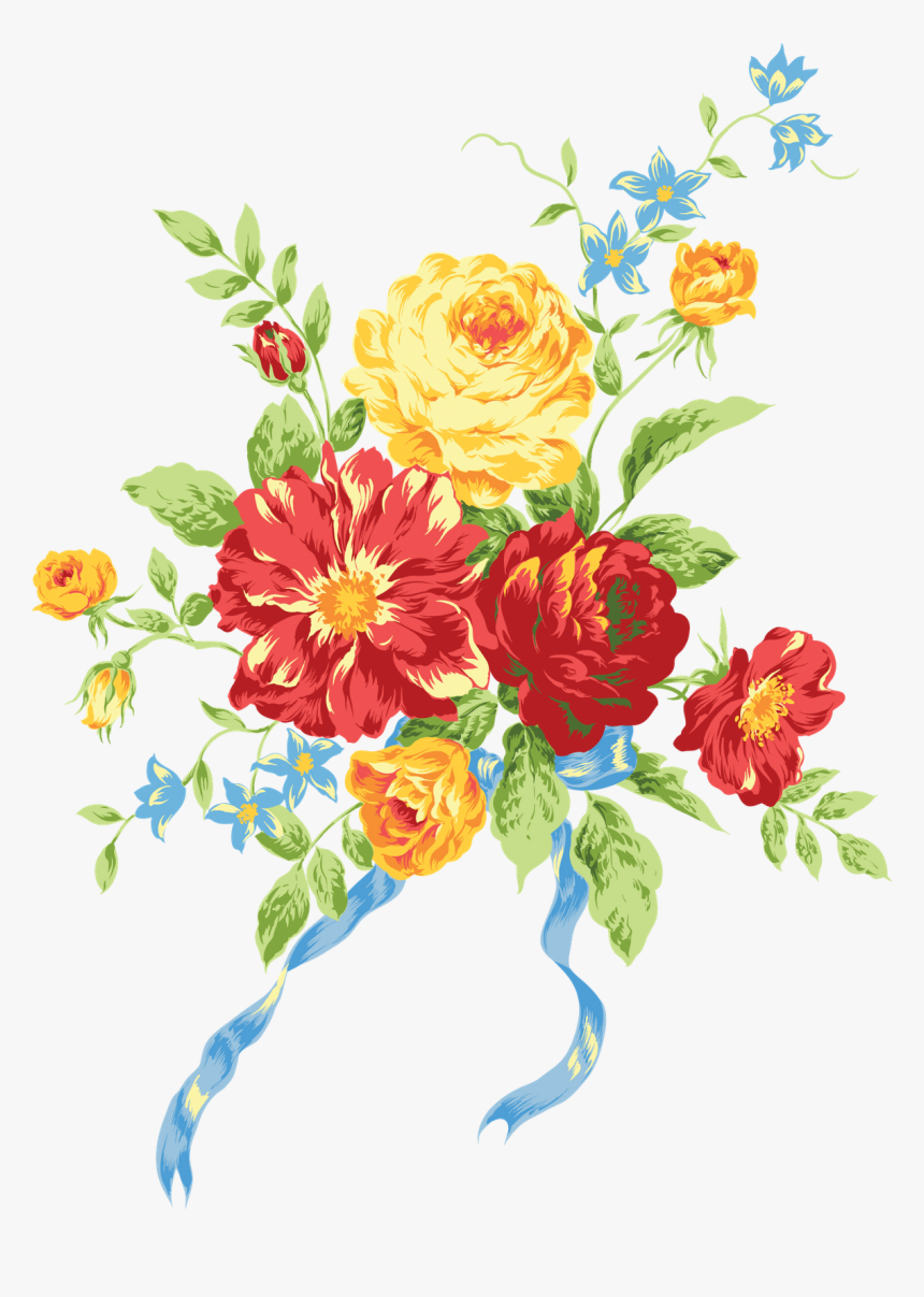 Vibrant floral bouquet with red and yellow roses, blue forget-me-nots, green leaves, and a flowing blue ribbon.
