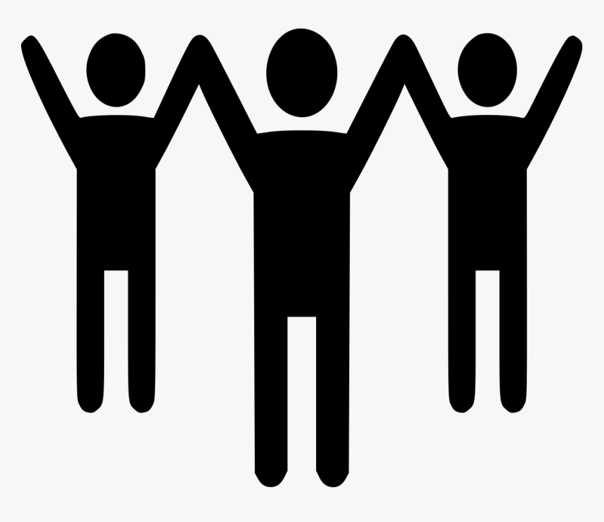 Three stylized black figures holding hands with raised arms, symbolizing unity and celebration.