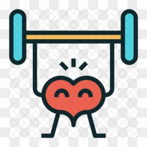 A red heart character with arms and legs lifting a barbell, symbolizing cardiovascular strength and fitness.