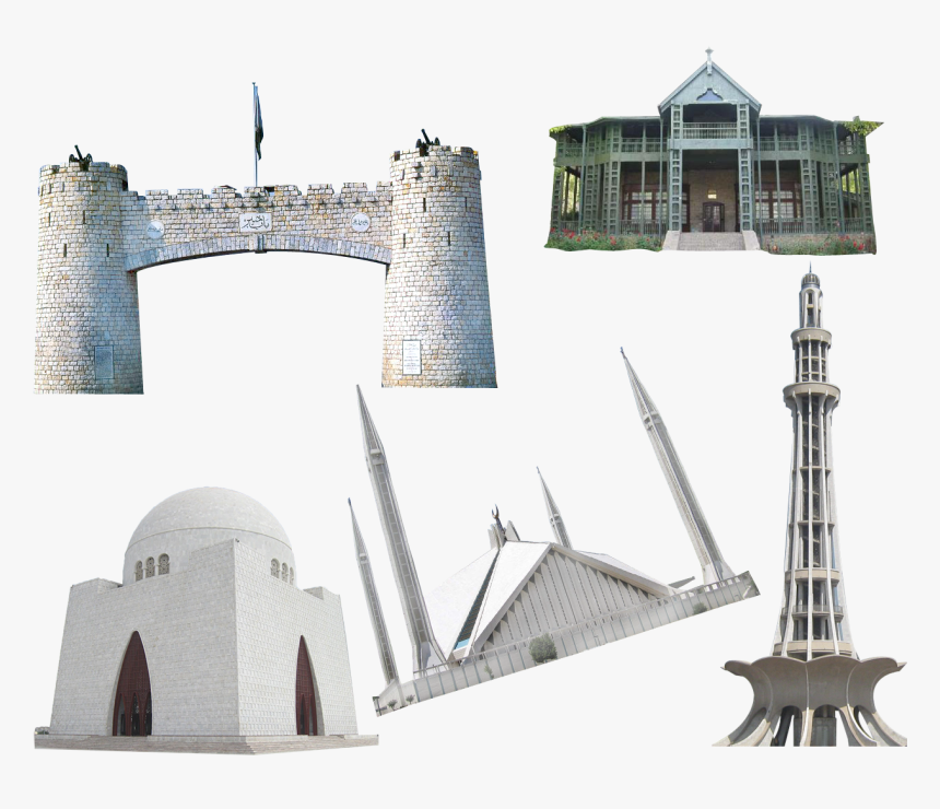 Five iconic Pakistani landmarks: Bab-e-Pakistan, Quaid’s Residency, Mazar-e-Quaid, Faisal Mosque, and Minar-e-Pakistan.