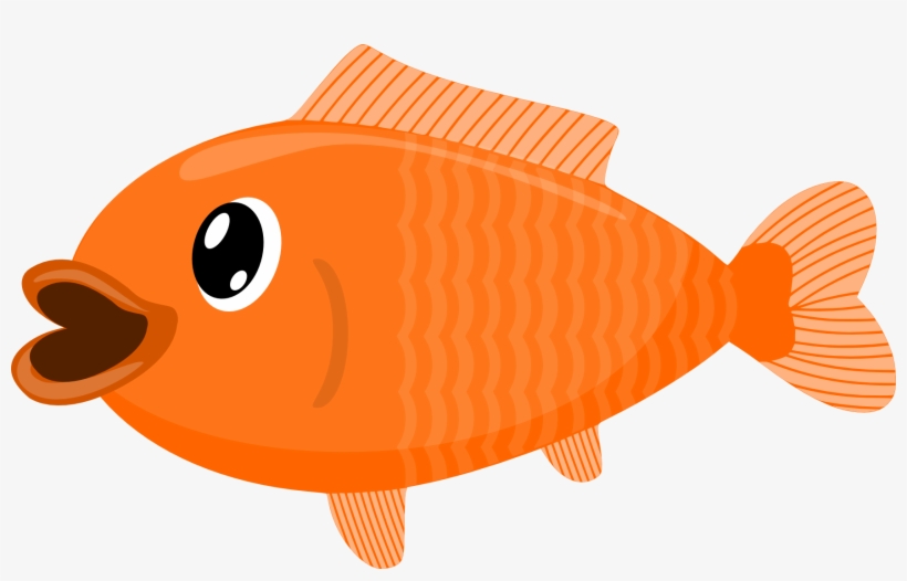 Cheerful orange cartoon fish with big eye and open mouth, striped fins and tail.