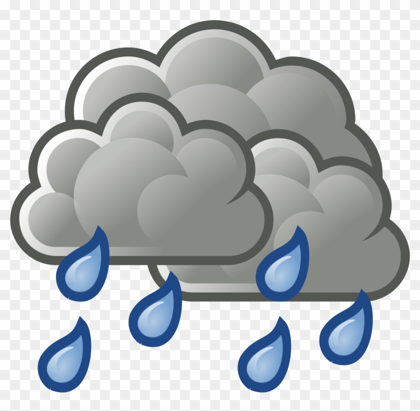 Gray rain cloud with blue raindrops falling, cartoon-style weather icon on transparent background.