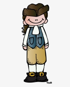 Cartoon boy dressed as a colonial-era figure with tricorn hat, vest, breeches, and buckle shoes.