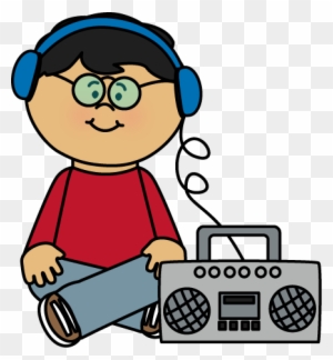 A cartoon boy with glasses and blue headphones sits beside a boombox, listening to music.