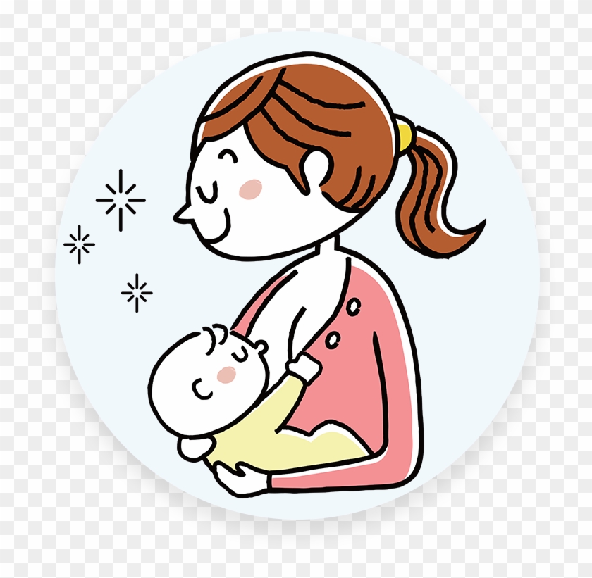 A smiling mother with brown ponytail cradles a happy baby in her arms, illustrated in soft pastel tones with sparkle accents.