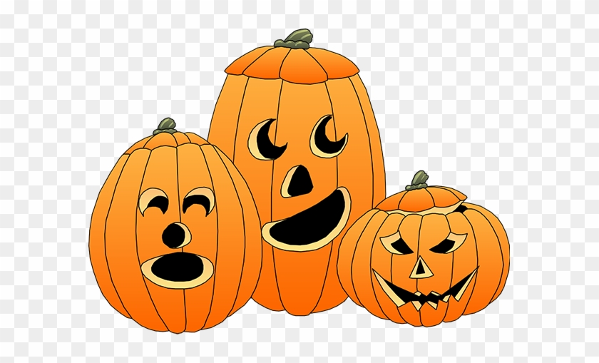 Three cartoon-style jack-o'-lanterns with expressive carved faces-happy, surprised, and spooky-on a transparent background.