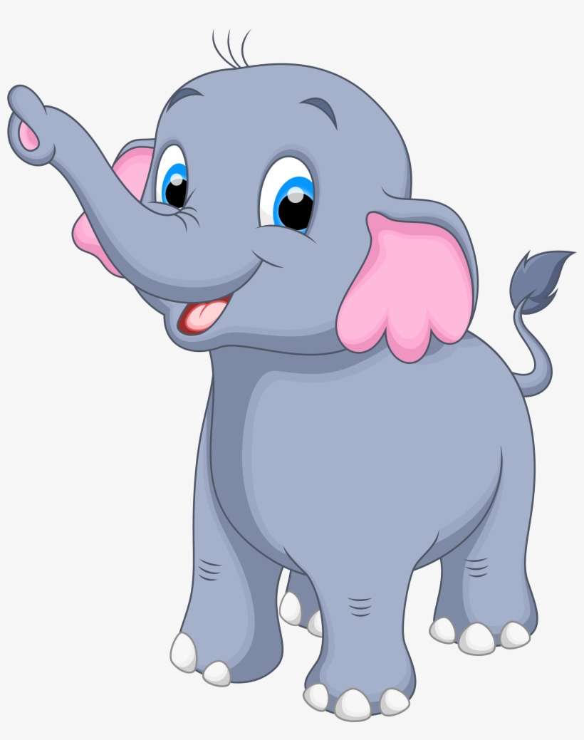 Cute cartoon baby elephant with pink ears, raised trunk, and cheerful blue eyes smiling.