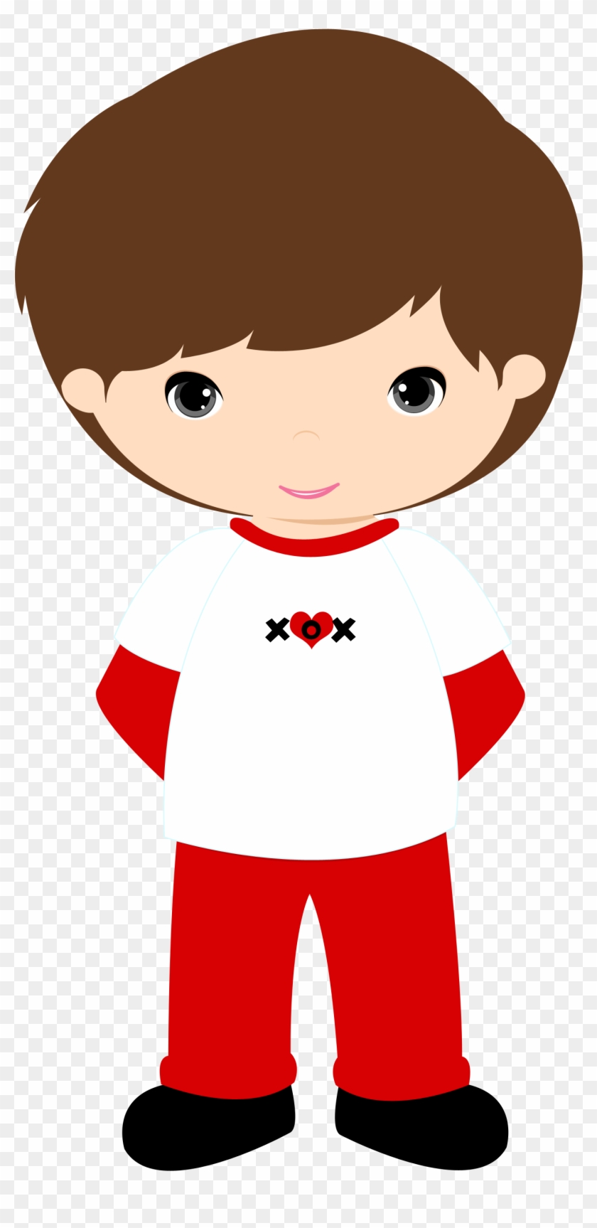 Cute cartoon boy with brown hair, wearing white shirt with red XOX heart design and red pants.