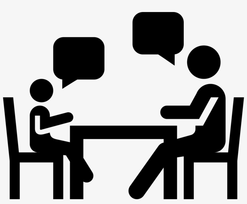 Two stylized people sitting at a table conversing, with speech bubbles above each.