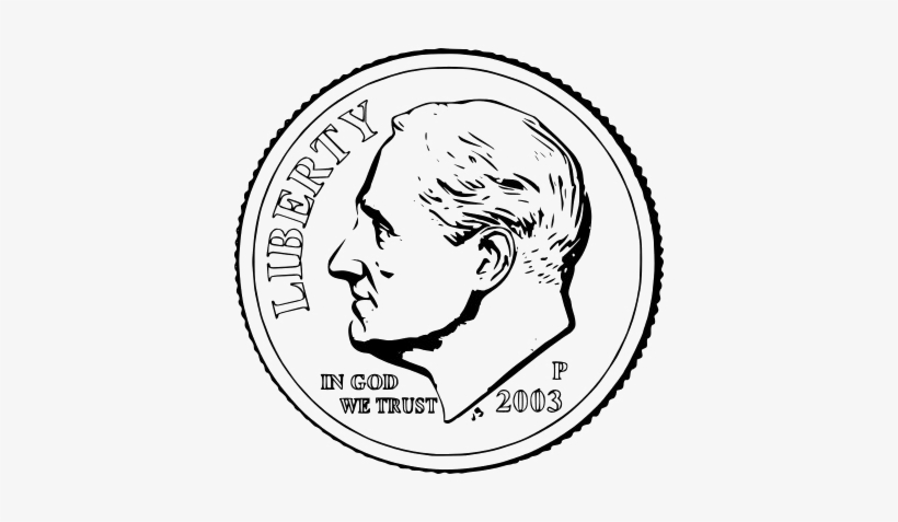 Line-art illustration of the obverse of a 2003 U.S. dime featuring Franklin D. Roosevelt, inscribed with "LIBERTY", "IN GOD WE TRUST", and mint mark "P".