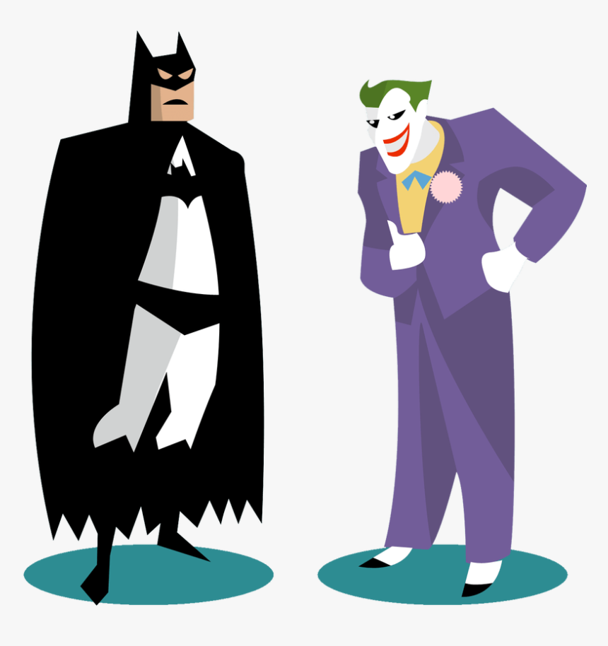 Batman and the Joker stand face-to-face in stylized flat design, contrasting hero and villain archetypes.