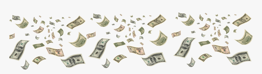 U.S. dollar bills floating mid-air in a celebratory cascade against a white background.