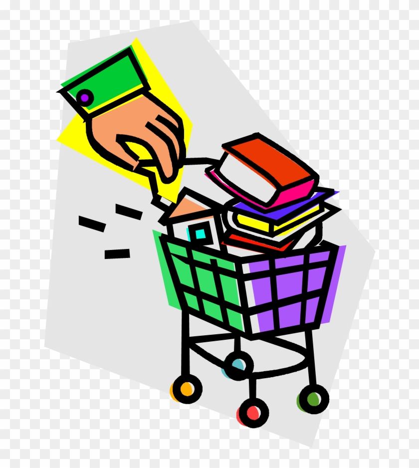 A colorful cartoon hand placing books and a miniature house into a shopping cart, symbolizing educational or home-related purchases.