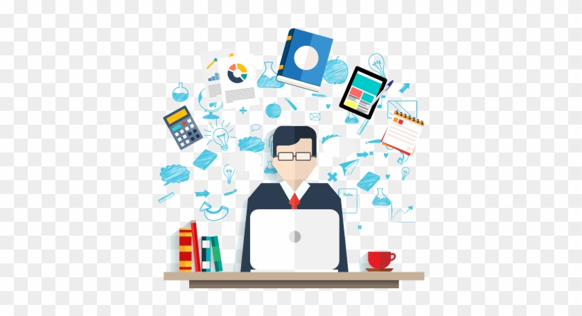 Business professional at desk with laptop, surrounded by icons representing productivity, learning, and digital tools.