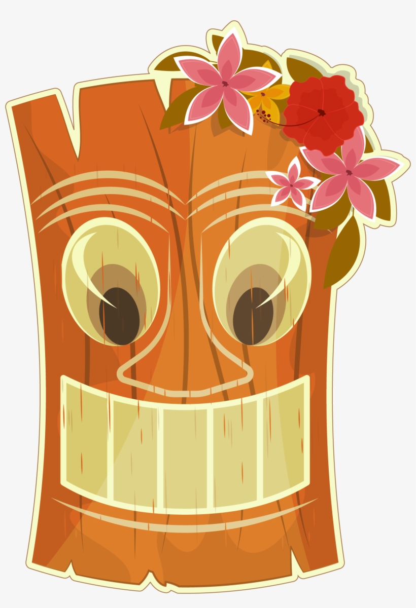 Cartoon wooden tiki mask with large eyes, smiling mouth, and tropical flowers on top.