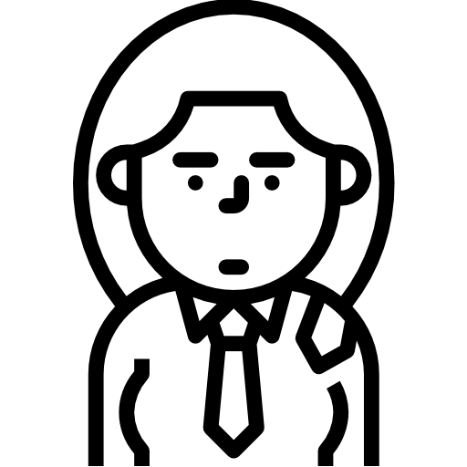 Simple line-art icon of a person with long hair, neutral expression, wearing a tie and collared shirt.