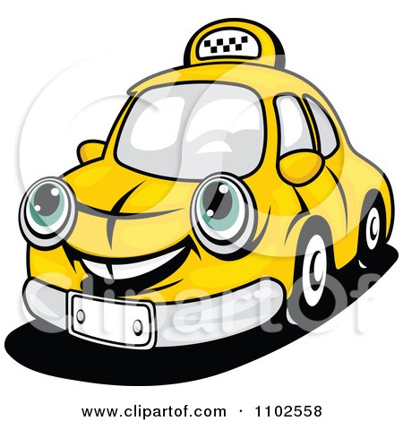 Cheerful yellow cartoon taxi with big eyes, smile, and rooftop sign, in motion on white background.