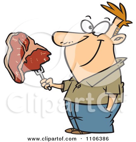Cartoon man proudly holding a large raw steak on a fork, smiling with enthusiasm.