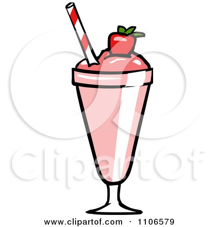 Pink strawberry milkshake in a tall glass with whipped cream, cherry, and striped straw.