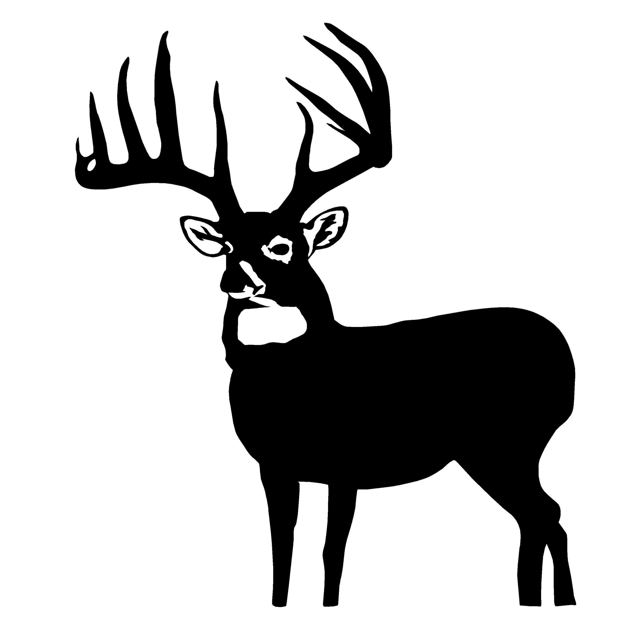 Black silhouette of a majestic white-tailed buck with large antlers, standing in profile against a white background.