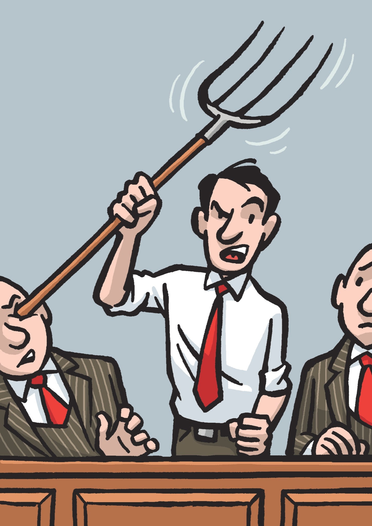 Angry man in business attire wielding a pitchfork at colleagues in a meeting room.