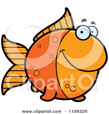 Cheerful cartoon orange fish with big eyes, striped fins, and smiling face.