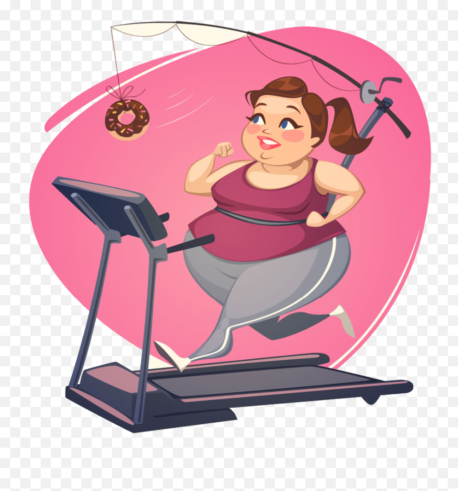 Overweight woman jogging on treadmill with donut dangling above, symbolizing temptation vs. fitness goals.