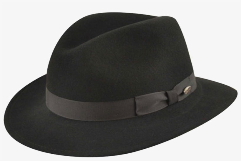 Classic black felt fedora hat with a dark satin band and bow accent, featuring a subtle metallic emblem.