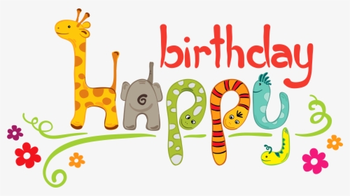 Colorful cartoon animals forming "Happy Birthday" text with flowers and vines.