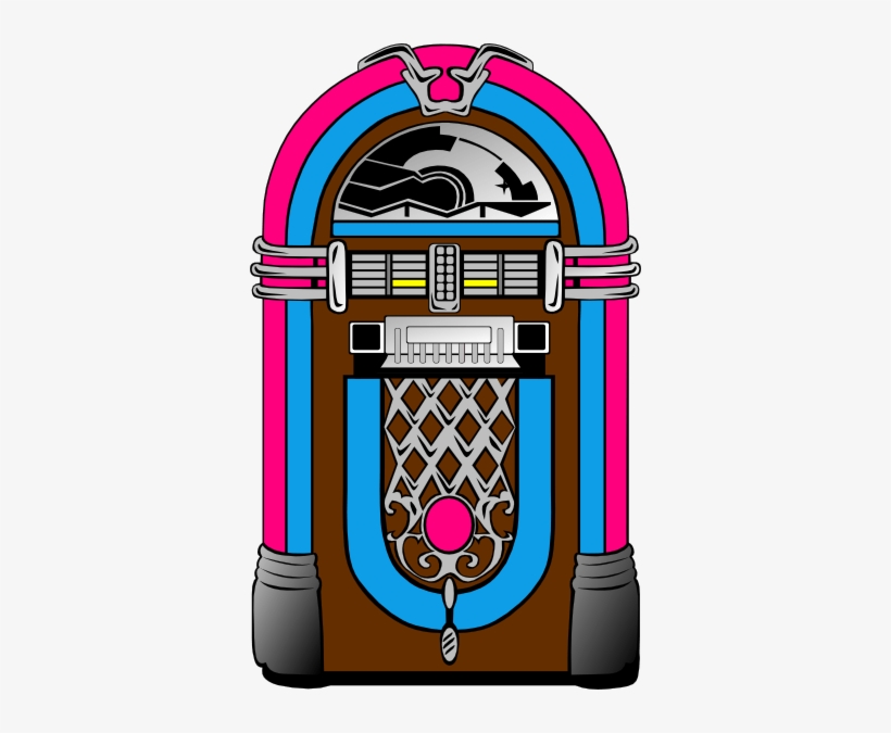 Vibrant retro jukebox with pink, blue, and brown accents, ornate grille, and chrome details.