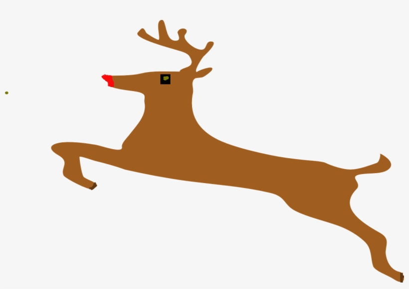 Brown cartoon reindeer leaping mid-air with red nose and black eye patch on white background.