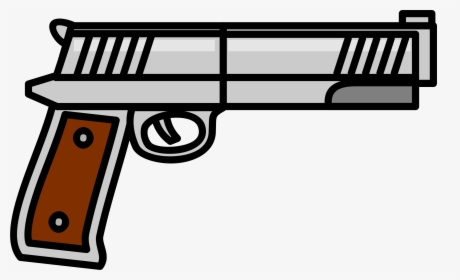 Stylized cartoon illustration of a semi-automatic pistol with brown grip and silver slide.
