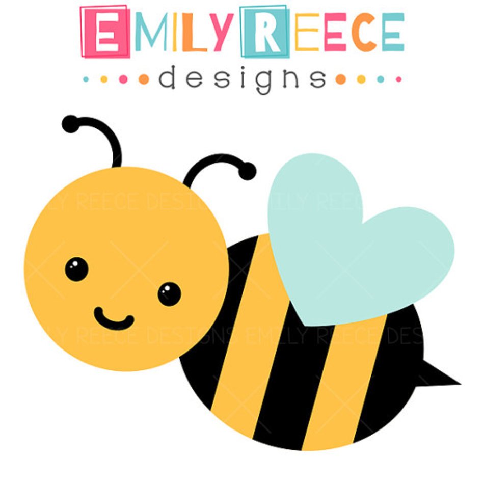 Cute cartoon bee with smiling face, black-and-yellow stripes, and a light blue heart-shaped wing by Emily Reece Designs.