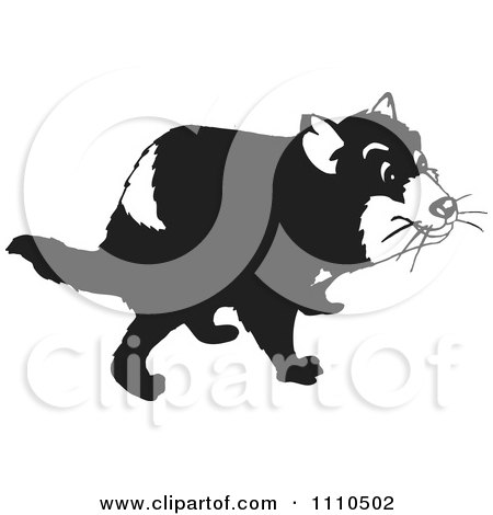 Black-and-white cartoon Tasmanian devil walking with a confident stride, stylized vector illustration.