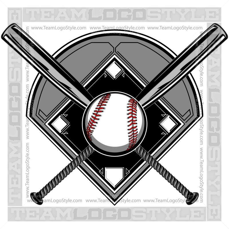 Baseball logo with crossed bats, home plate shield, and red-stitched ball at center.