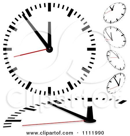 Black and white analog clock face with red second hand, showing 11:54; multiple smaller clocks depict time progression.