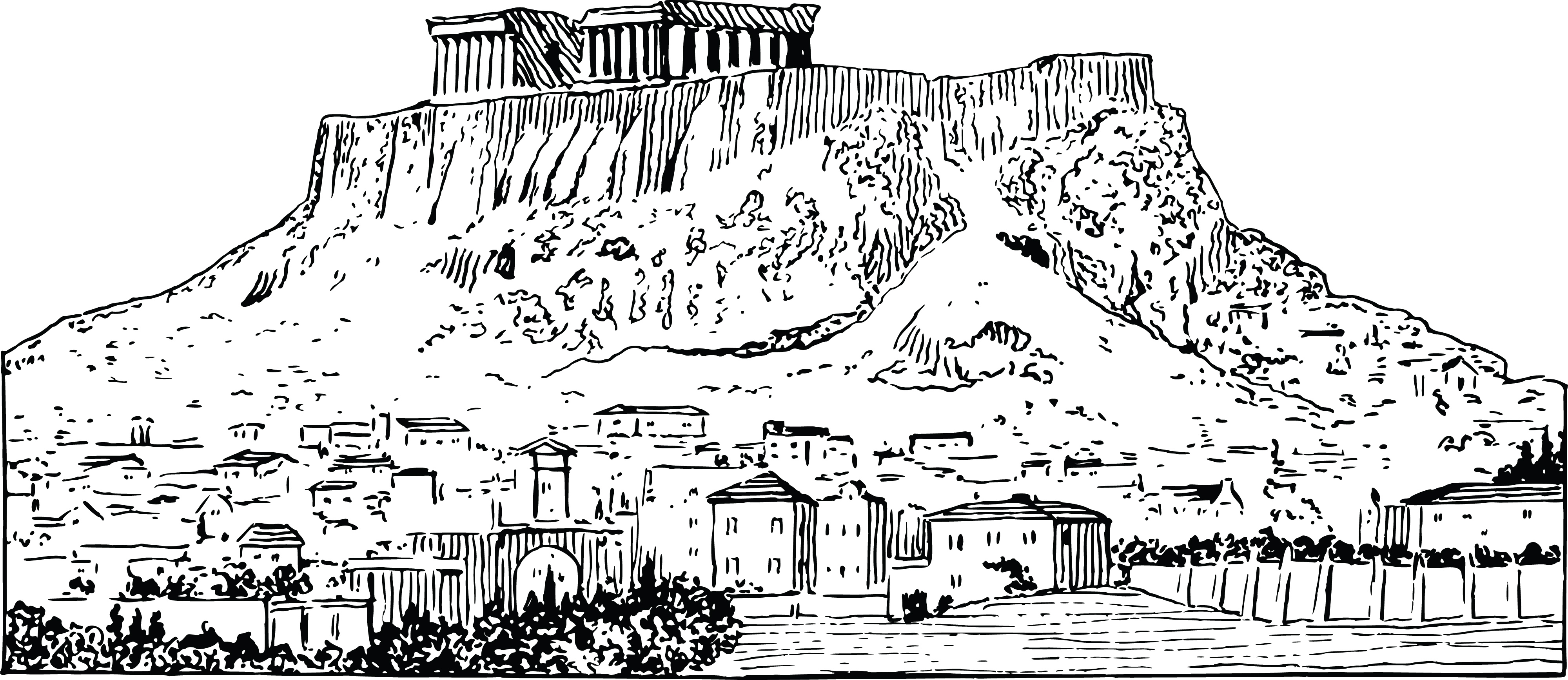 Black-and-white line drawing of the Acropolis of Athens with Parthenon atop a rocky hill and ancient city below.