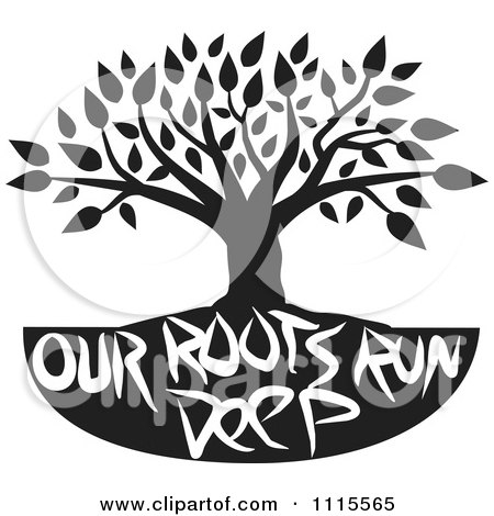 Stylized black-and-white tree with roots forming the phrase "OUR ROOTS RUN DEEP" in bold graffiti-style text.