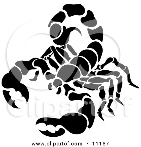 Black and white stylized scorpion illustration with bold, abstract segments and curved tail stinger.