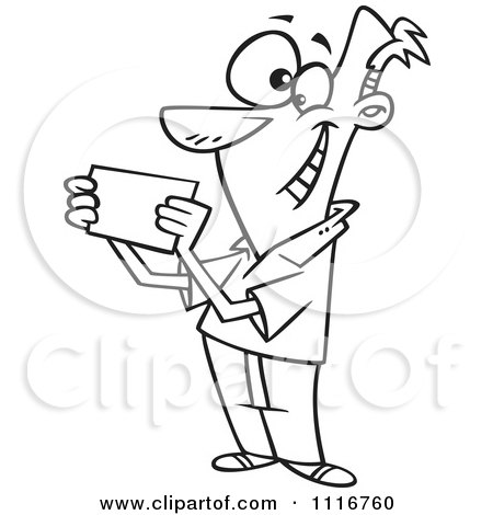 Cheerful cartoon man in suit holding a document and waving enthusiastically.
