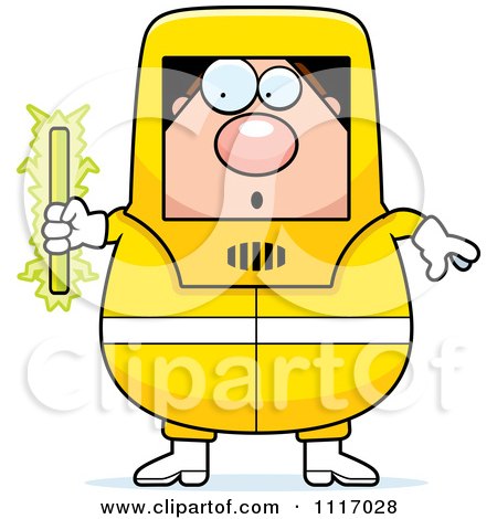Cartoon scientist in yellow hazmat suit holding glowing green stick, surprised expression.