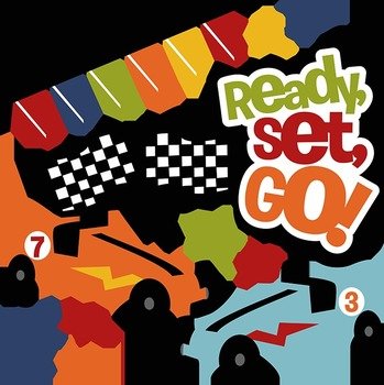 Colorful racing-themed graphic with "Ready, Set, GO!" text, checkered flags, and numbered silhouettes.