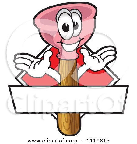 Friendly cartoon plunger mascot with open arms and a blank sign, smiling cheerfully.