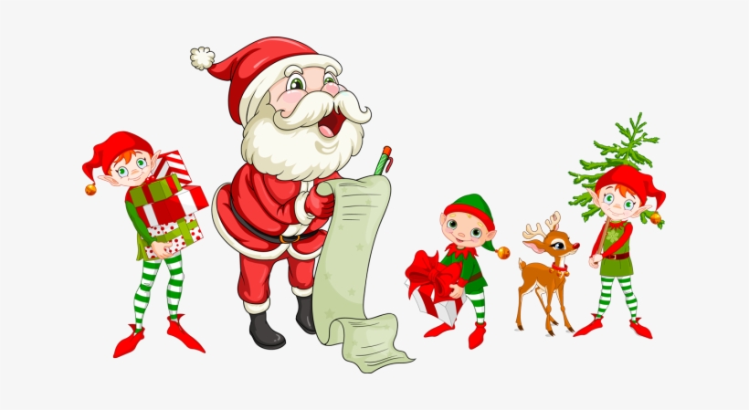 Santa Claus reading a long list with three elves, gifts, a reindeer, and a small Christmas tree.