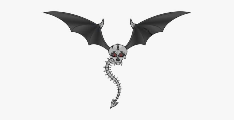 A skeletal dragon with bat-like wings, glowing red eyes, and a segmented tail, rendered in grayscale with sharp details.