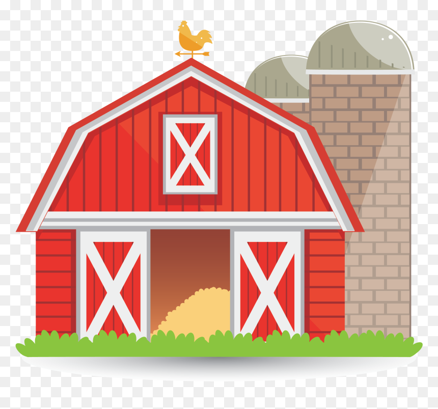Red barn with white X-doors, hay inside, rooster weather vane, and brick silo on grassy base.