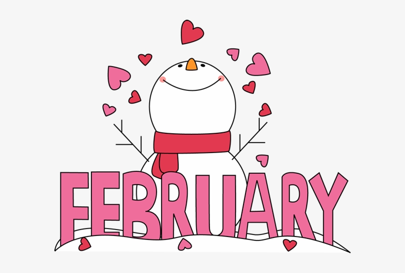 Cheerful snowman with red scarf and hearts, smiling above the word "FEBRUARY" in pink letters on snowy ground.