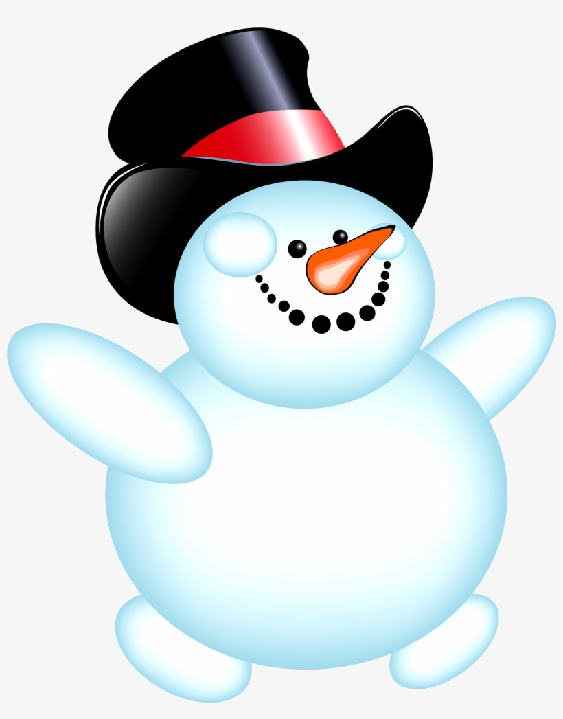 Cheerful cartoon snowman wearing a black top hat with red band, smiling with coal eyes and carrot nose.