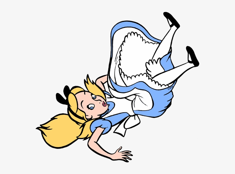 Alice in a blue dress falling into a giant shark’s open mouth, cartoon style.