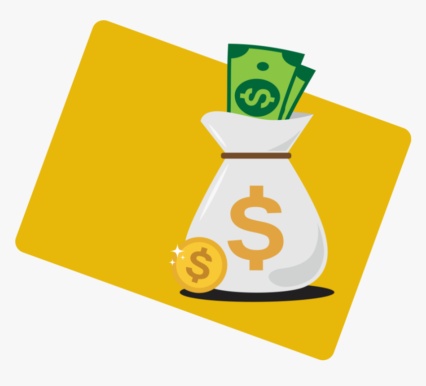 White money bag with dollar sign, green bills, and gold coin on yellow background.